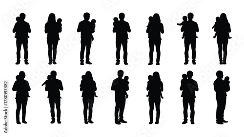 Parents holding babies silhouettes isolated on transparent background, Vector