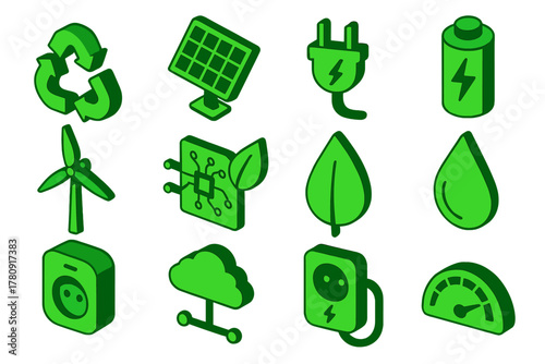 Eco Electronics Icons. Isometric vector illustration set Green Electronics Icons: recycling arrows, solar panel, electric plug,