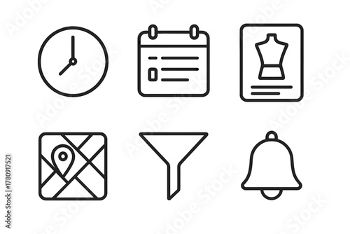 Fashion Event Icons. Line style icons of show schedules and navigation: showtime clock icon, fashion week agenda list, upcoming