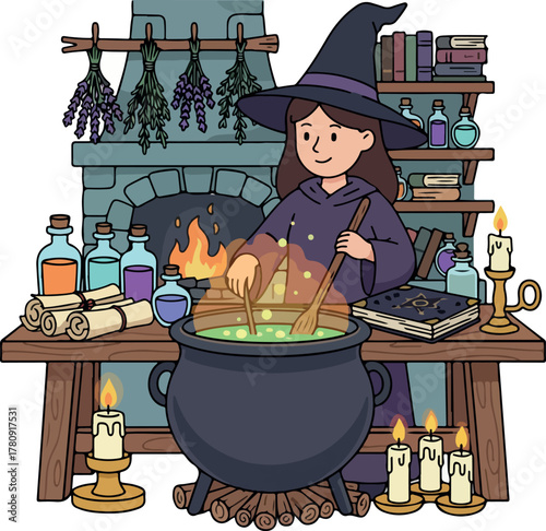 Cartoon witch stirring a cauldron in a room with potion ingredients.