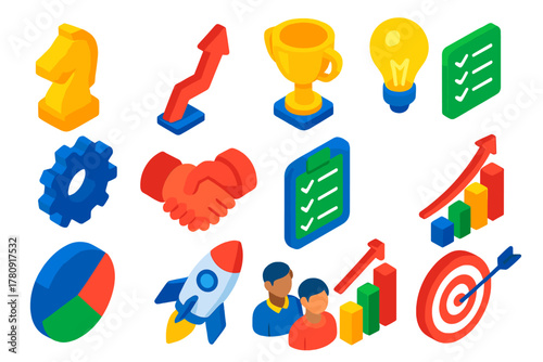 Leadership Icon Set. Isometric vector illustration set Leadership Icons: chess knight, upward arrow, trophy, lightbulb, gear,
