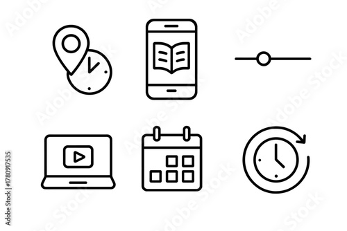 Flexible Learning Icons. Line style icons of flexible learning in CBE: anytime anywhere symbol, mobile learning icon, pace control