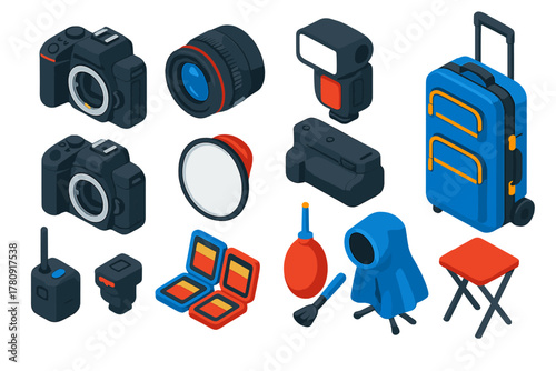 Event Photography Tools. Isometric vector illustration set Event Photography Essentials: full-frame camera, fast prime lens,