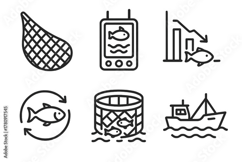 Marine Resource Icons. Line style icons of fisheries and marine resources: fishing net, sonar fish finder, catch quota chart,