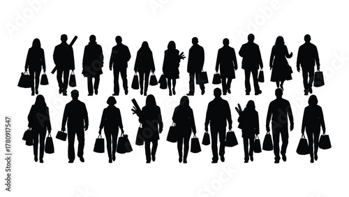 Silhouettes of shoppers with bags isolated on transparent background, Vector