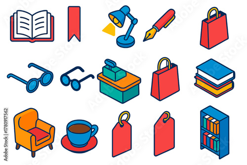 Colorful Bookstore Icons. Isometric vector illustration set Bookstore Icons: open book, bookmark, desk lamp, fountain pen, glasses