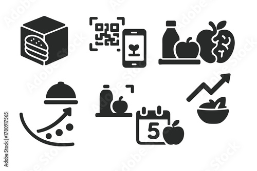 Predictive Food Modeling Icons. Solid style icons of predictive food modeling: digital food model cube, scan to forecast icon, AI