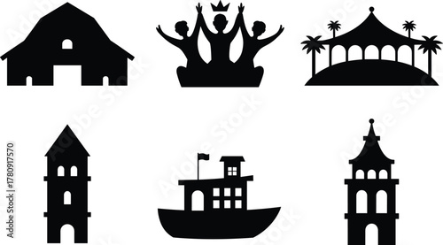Set of six black and white silhouette icons featuring buildings, monuments, and cultural landmarks in minimalist design for creative projects