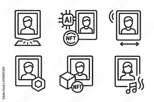 Futuristic NFT Icons. Line style icons of future NFT photo innovations: holographic photo NFT, AI-edited instant mint,
