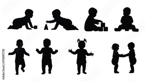 Baby silhouettes in various developmental poses isolated on transparent background, Vector