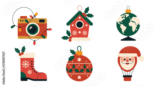 Festive Assemblage: An artistic display of Christmas themed vector illustrations with a camera, boot, sphere globe, birdhouse, Christmas ball, and santa hot air balloon.