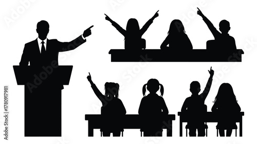 Teacher and students silhouettes in classroom isolated on transparent background, Vector