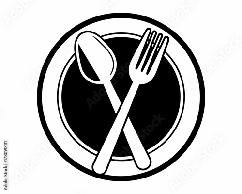 Logo of a cafe or restaurant. A spoon and fork on a plate symbol