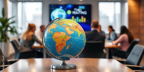 Globe on office table, planet Earth highlighted during a conference in a modern workplace Blurred corporate training activity in the background for travel concepts,  cartography,  education