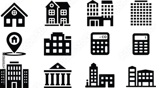 Set of twelve black and white minimalist building and real estate icons including houses, offices, banks, and calculators for business design