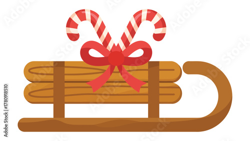 Festive Sleigh with Candy Canes: An enchanting image depicts a traditional wooden sleigh adorned with two charming candy canes and a delicate red ribbon, ready to bring festive cheer.