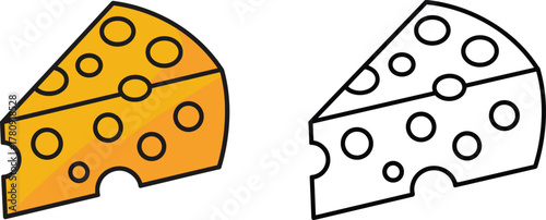Cartoon Swiss cheese wedge illustration, yellow cheese slice with holes, outline coloring page template, dairy food vector art for children education