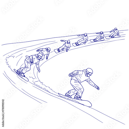 Snowboarders carving turns in a sketched action sequence  