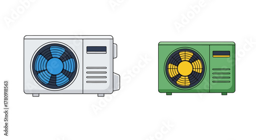 Illustration of a split air conditioner unit and a portable cooling system