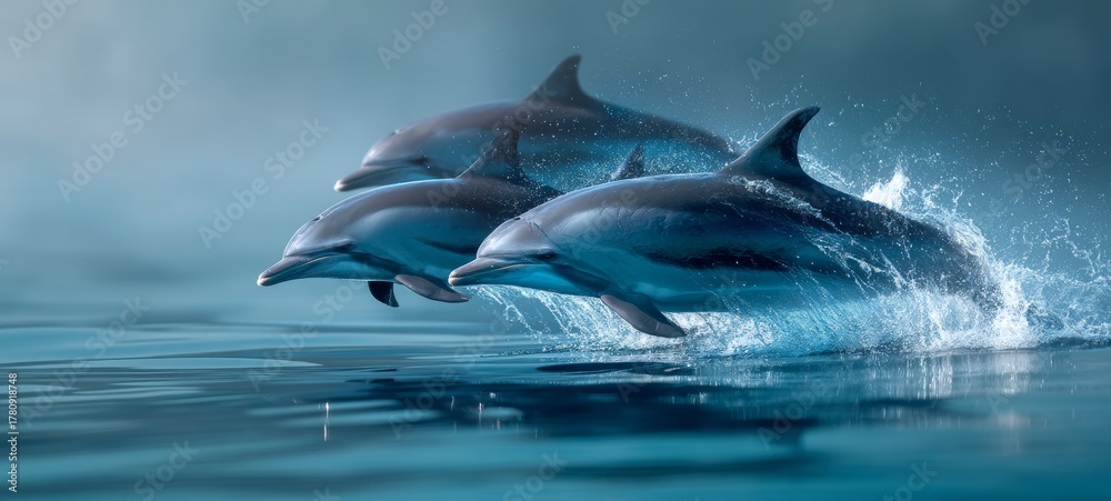 Fototapeta premium Playful dolphins jumping out of the ocean water under bright sunlight, dynamic marine wildlife scene with splashes, freedom and nature concept in vivid blue seascape
