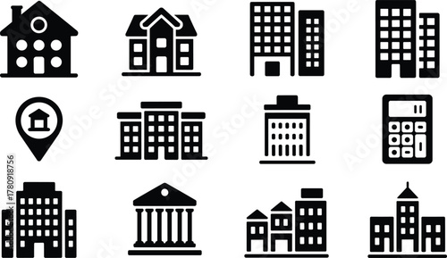 Set of twelve black and white minimalist building and real estate icons including houses, offices, banks, and calculators for business design