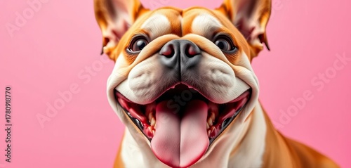 Joyful bulldog with a wide grin, tongue out, eyes sparkling with mirth,  pet,  good mood