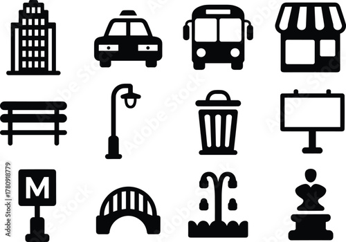 Set of twelve black and white minimalist city infrastructure icons including taxi, bus, street light, trash bin, bridge, fountain