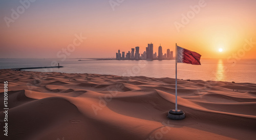 Fototapeta Naklejka Na Ścianę i Meble -  Qatar Skyline and Desert Dunes with National Flag
