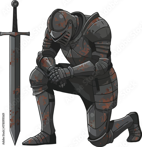 Knight kneeling with sword, solemn medieval warrior