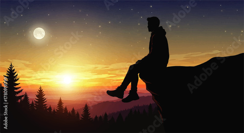 Silhouette of a man sitting on a cliff edge, gazing at a vibrant sunset with a full moon and starry sky above a forest and distant mountains.