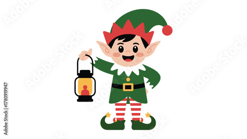 Festive Elf: A cheerful elf, with a mischievous grin and twinkling eyes, holds aloft a lantern, casting a warm glow of Christmas spirit.