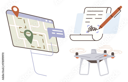 Digital map with location pins, handwritten document with pen, and quadcopter in flight. Ideal for navigation, logistics, technology, communication, innovation automation and modern tools. A simple