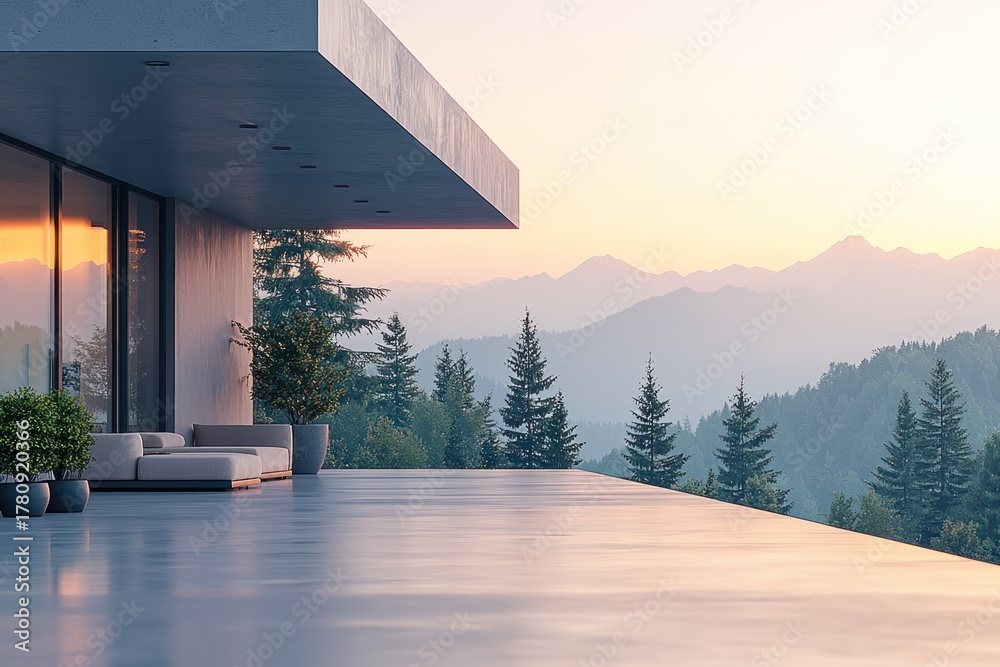 Obraz premium Modern building with view of mountains, reflecting sunset light in windows