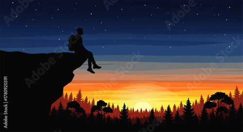 Silhouette of a backpacker sitting on a cliff edge, gazing at a colorful sunset over a forest under a starry night sky.