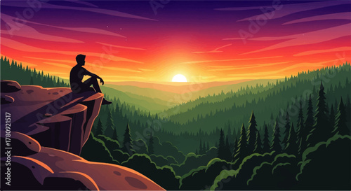 Silhouette of a man sitting on a cliff edge overlooking a vast green valley at sunset with a colorful sky.