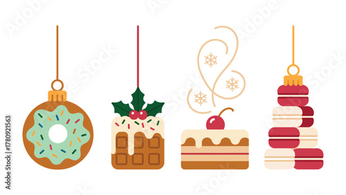 Festive Delights: An array of delightful pastry ornaments hang against a backdrop, each representing a different sweet treat, perfect for decorating.