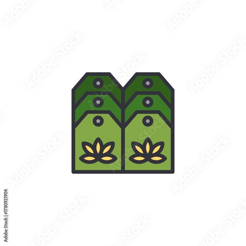 Twin tea packaging bags icon with leaf label detail, flat pastel vector style, perfect element for tea trading, product packaging, retail supermarket or branding design project.