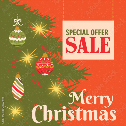 special offer sale, sale, christmas, merry christmas, vector, orange, chrismas tree, illustration, design