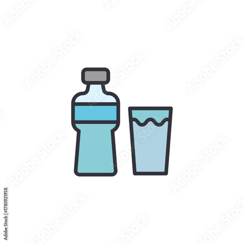 Simple drinking glass set icon with bottle and cup, pastel minimalist flat vector design, suitable for beverage product illustration category, clean modern style asset.