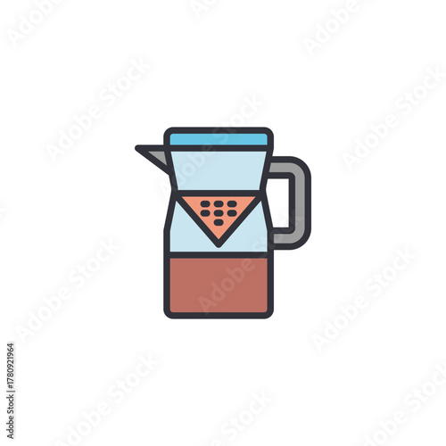 Pour over tea maker icon with pitcher and filter cone on top, modern brewing method illustration, pastel vector suitable for specialty drink preparation and artisan beverage.
