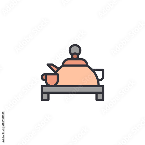 Traditional teapot on low wooden tea table icon, pastel flat vector, suitable for cultural tea ceremony, classic drink service scene, modern graphic element for beverage content.