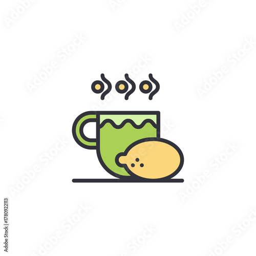 Tea and bread breakfast plate icon with steam aroma detail, pastel flat colored vector design, suitable for breakfast illustration category, warm morning drink concept.