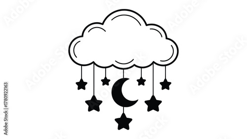 Nighttime Serenity: A delicate illustration captures the peaceful essence of a night, with a fluffy cloud serenely cradling a crescent moon and a constellation of twinkling stars.