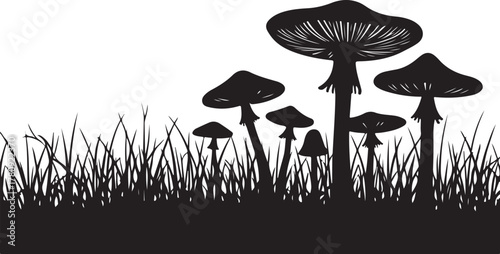 Black silhouette mushrooms and grass on white background