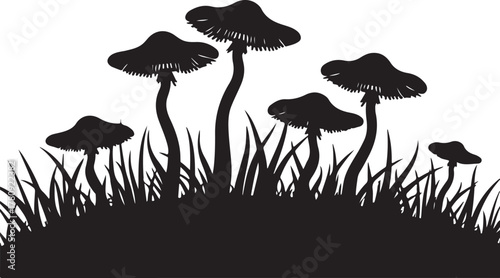 Black silhouette mushrooms and grass on white background