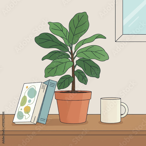 A cozy still life illustration of a potted fiddle-leaf fig plant, books, and a coffee mug on a wooden table.