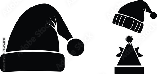 Christmas Santa hat silhouette icon set, winter holiday headwear, festive costume accessory, cartoon style design, seasonal celebration decoration
