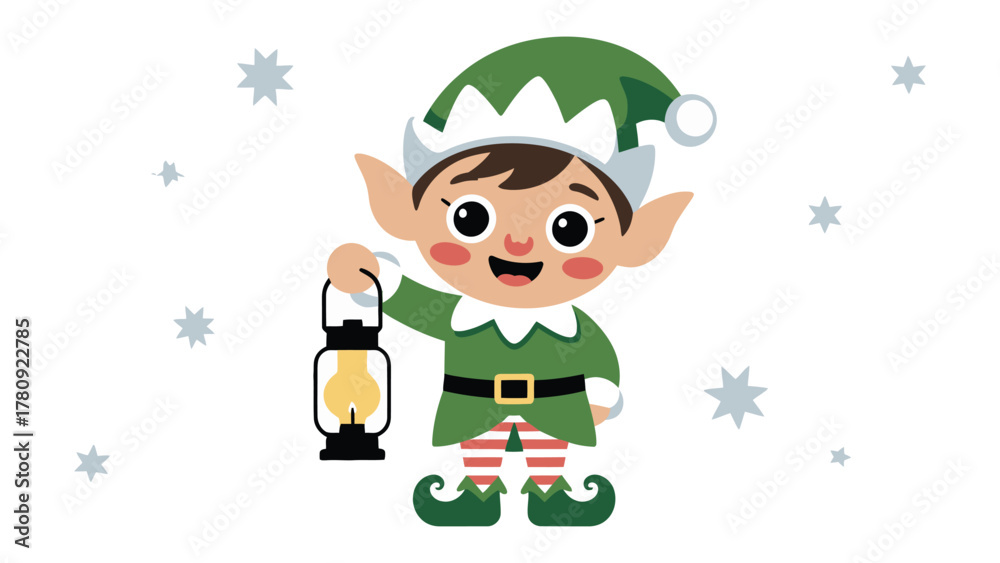 Naklejka premium Festive Elf with Lantern: A cheerful elf, clad in a traditional green outfit and holding a glowing lantern, stands ready to spread holiday cheer amidst a gentle snowfall.