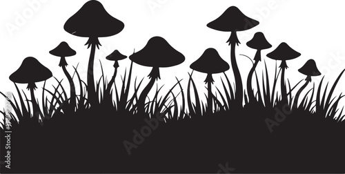 Black silhouette mushrooms and grass on white background
