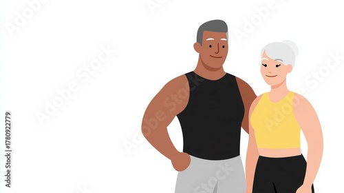 Illustration of an African American man and a senior Caucasian woman standing together, smiling, showcasing fitness and wellness, with ample copy space for text or design elements